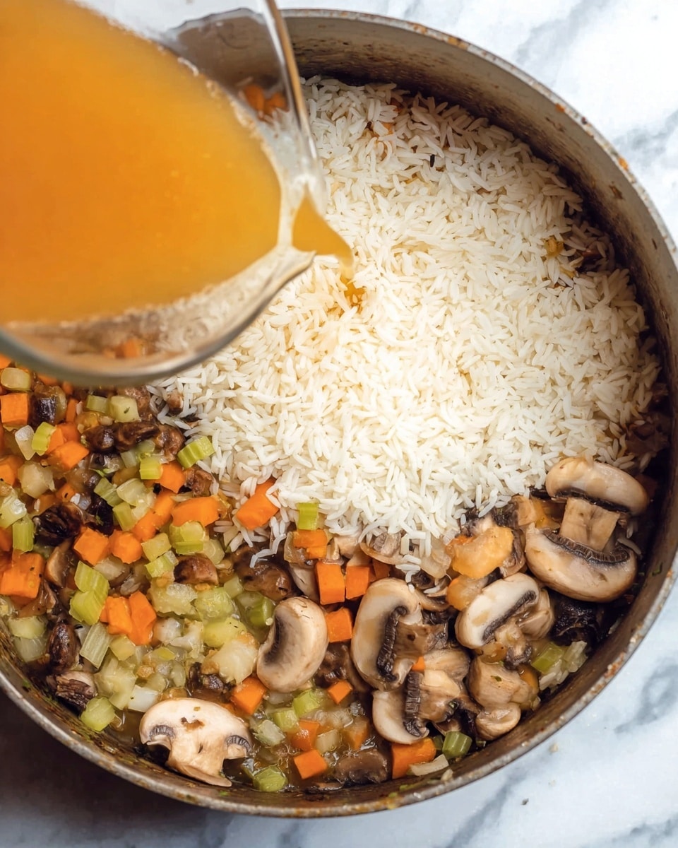 The image shows a cooking pan with three main layers. On the left side, there is a mix of cooked chopped mushrooms, small carrot cubes, diced celery, and onion pieces, all brown and soft in texture. On the right side, there is a heap of uncooked white long-grain rice sitting on top of the vegetable mix. Below both layers, some larger mushroom slices are visible. A clear glass container is pouring orange-colored liquid, likely broth, into the pan from the bottom left. The pan sits on a white marbled surface photo taken with an iphone --ar 4:5 --v 7