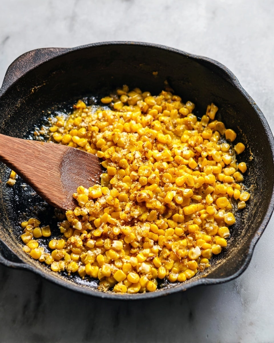 A black cast iron pan filled with cooked yellow corn kernels mixed with small bits of melting butter and light brown seasonings, stirred by a wooden spatula positioned on the left side of the pan, all placed on a white marbled surface photo taken with an iphone --ar 4:5 --v 7