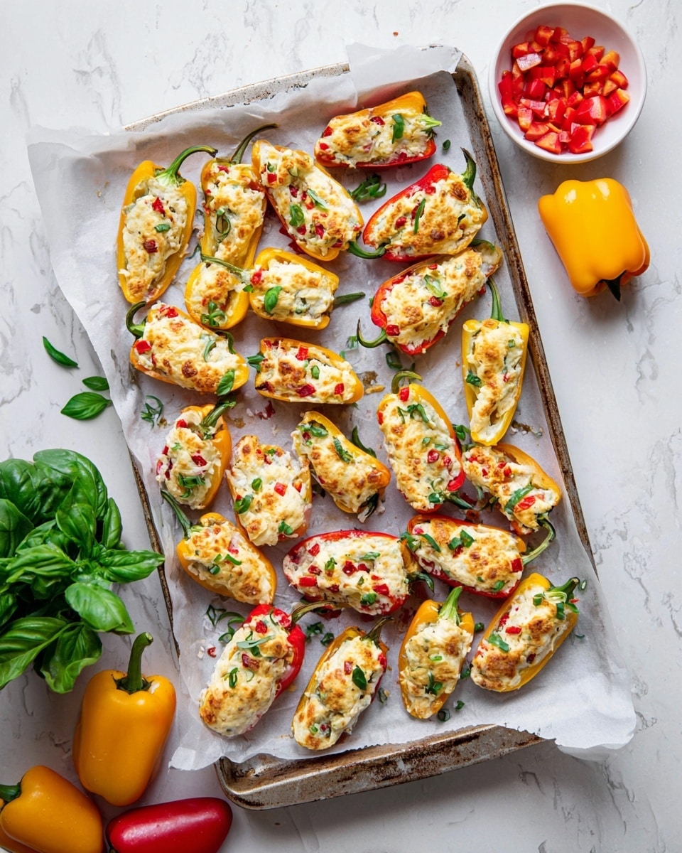 A baking tray lined with white parchment paper holds around twenty small stuffed pepper halves in two colors: yellow and red. Each pepper half is filled with a creamy white cheese mixture, dotted with small red pieces and lightly browned on top. The peppers are garnished with thinly sliced green herbs scattered unevenly across the filling. Around the tray, there are whole mini yellow and red peppers, a small white bowl with diced red peppers, and some fresh green leafy basil on a white marbled surface. The overall scene is bright and clean, showing the fresh and warm texture of the stuffed peppers. photo taken with an iphone --ar 4:5 --v 7