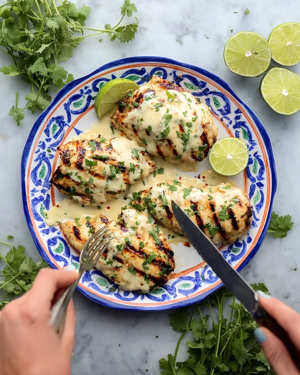 The image shows four pieces of grilled chicken on a colorful plate with floral patterns, each topped with a melted light yellow cheese layer sprinkled with small green herb pieces. The chicken has a slightly charred texture with golden brown and dark edges visible beneath the cheese. Fresh green cilantro leaves are scattered around the plate and on the cheese. A lime half is placed on the right side of the plate, adding a fresh touch. The plate rests on a white marbled surface with some cilantro sprigs around it. Photo taken with an iphone --ar 4:5 --v 7