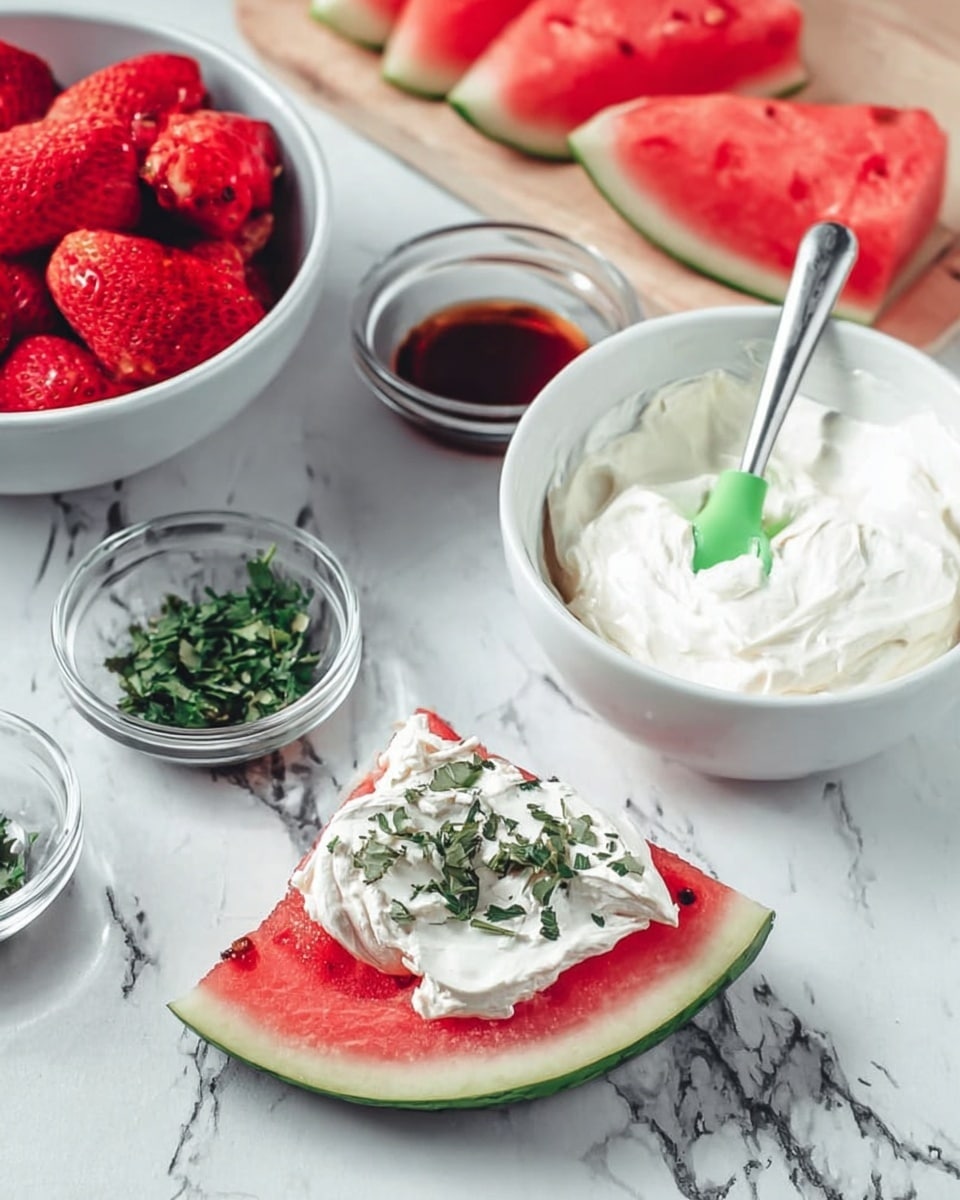 The image shows a red watermelon slice on a white marbled surface with a thick layer of white creamy spread on top. Around it, there are small glass bowls: one with chopped green herbs, one with dark brown liquid and a silver spoon, and a large white bowl holding extra white creamy spread mixed with a green spatula inside. In the background, there is a white bowl full of bright red sliced strawberries, and more watermelon slices can be seen placed on the white marbled surface. Photo taken with an iphone --ar 4:5 --v 7