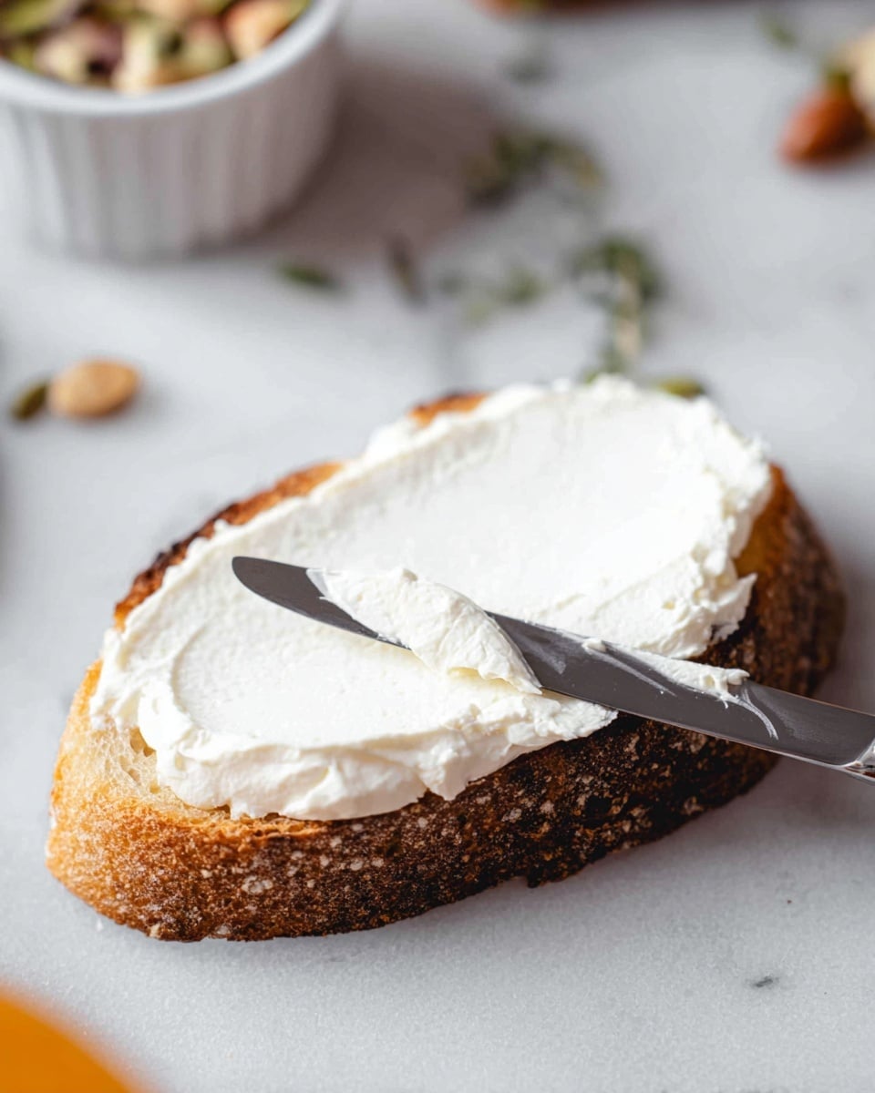 A single slice of toasted bread with a rough, golden-brown crust on the outside, topped with a thick layer of smooth, white cream cheese spread evenly across the surface. A silver butter knife lies diagonally on top of the bread with its tip near the edge. In the blurred background, a white ramekin holds some light brown nuts or seeds, and small green herbs and seeds scatter softly on a white marbled surface. photo taken with an iphone --ar 4:5 --v 7