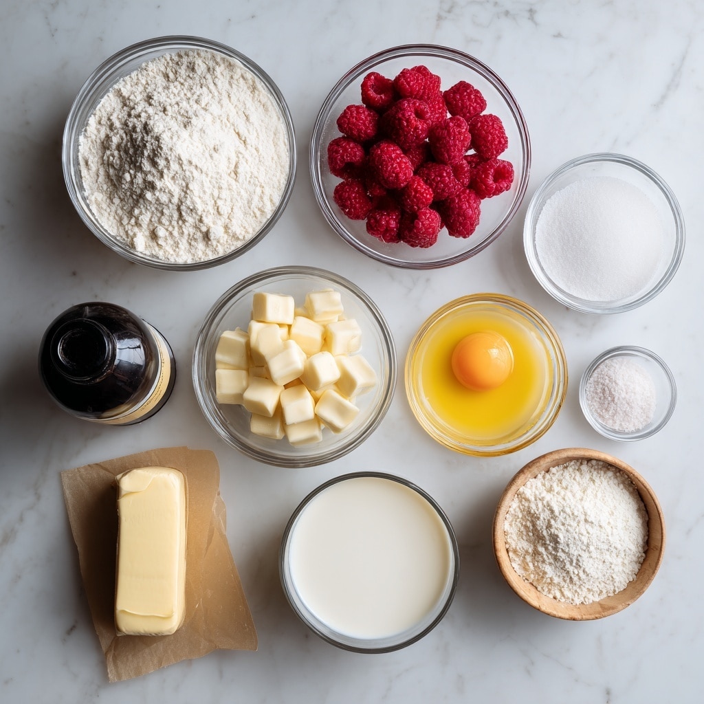 The image shows a white marbled surface with nine ingredients arranged neatly. There is a large clear glass bowl filled with white powder flour at the top left, next to a smaller clear bowl with bright red freeze-dried raspberries. Below these are a medium clear bowl with white chocolate pieces and another smaller clear bowl with a yellow egg yolk and clear egg white. A clear bowl of white granulated sugar sits near the center, with a small clear bowl of white heavy cream below it. A black bottle of vanilla stands to the left of the sugar. At the bottom left, a pale yellow butter stick rests on brown paper. On the bottom right, a small light wooden bowl contains salt and leavener powders. All items are spaced evenly and clearly labeled. Photo taken with an iphone --ar 4:5 --v 7