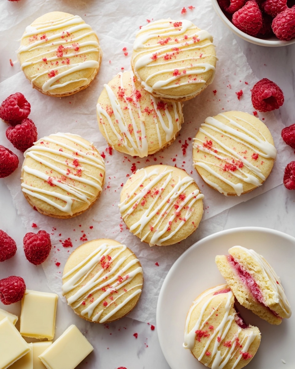 There are nine round sandwich cookies placed on a white marbled surface covered with white parchment paper. Each cookie has two light golden soft cake-like layers, with a visible pink filling in the middle. White icing is drizzled in thin lines across the top of each cookie, and small red crumbs are sprinkled over the icing. On the right side, one cookie is on a white plate, showing a bite taken out to reveal the pink filling inside. Around the cookies, there are pieces of white chocolate and fresh red raspberries, some loose and some in a white bowl. The photo taken with an iphone --ar 4:5 --v 7
