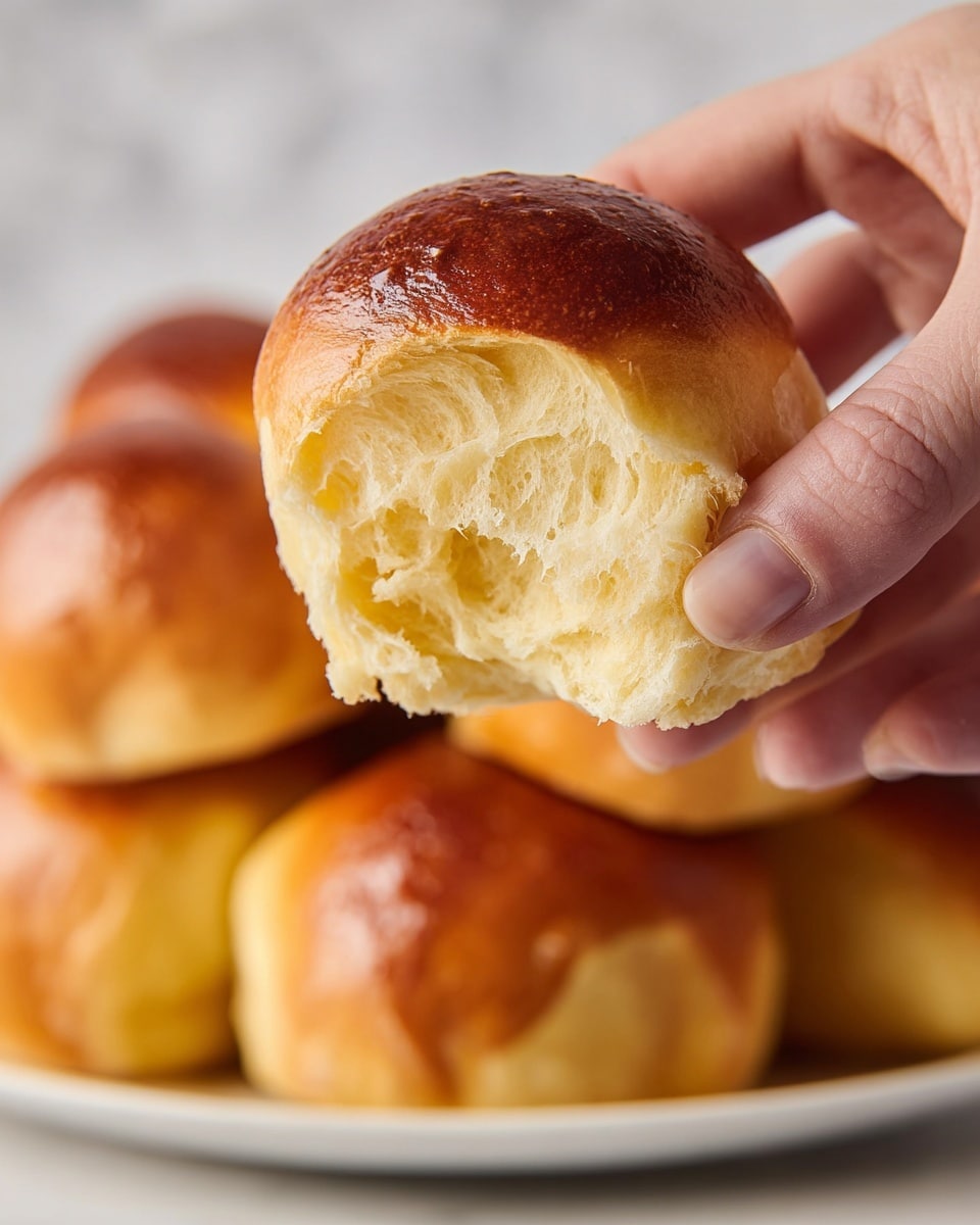 A close-up view of a woman's hand holding a soft bread roll with a shiny golden-brown top layer. The bread roll is torn open, showing a light, fluffy, and airy inside with a creamy yellow color. In the background, several more bread rolls with smooth, glossy tops and soft sides are stacked together on a white plate, all placed on a white marbled surface. photo taken with an iphone --ar 4:5 --v 7