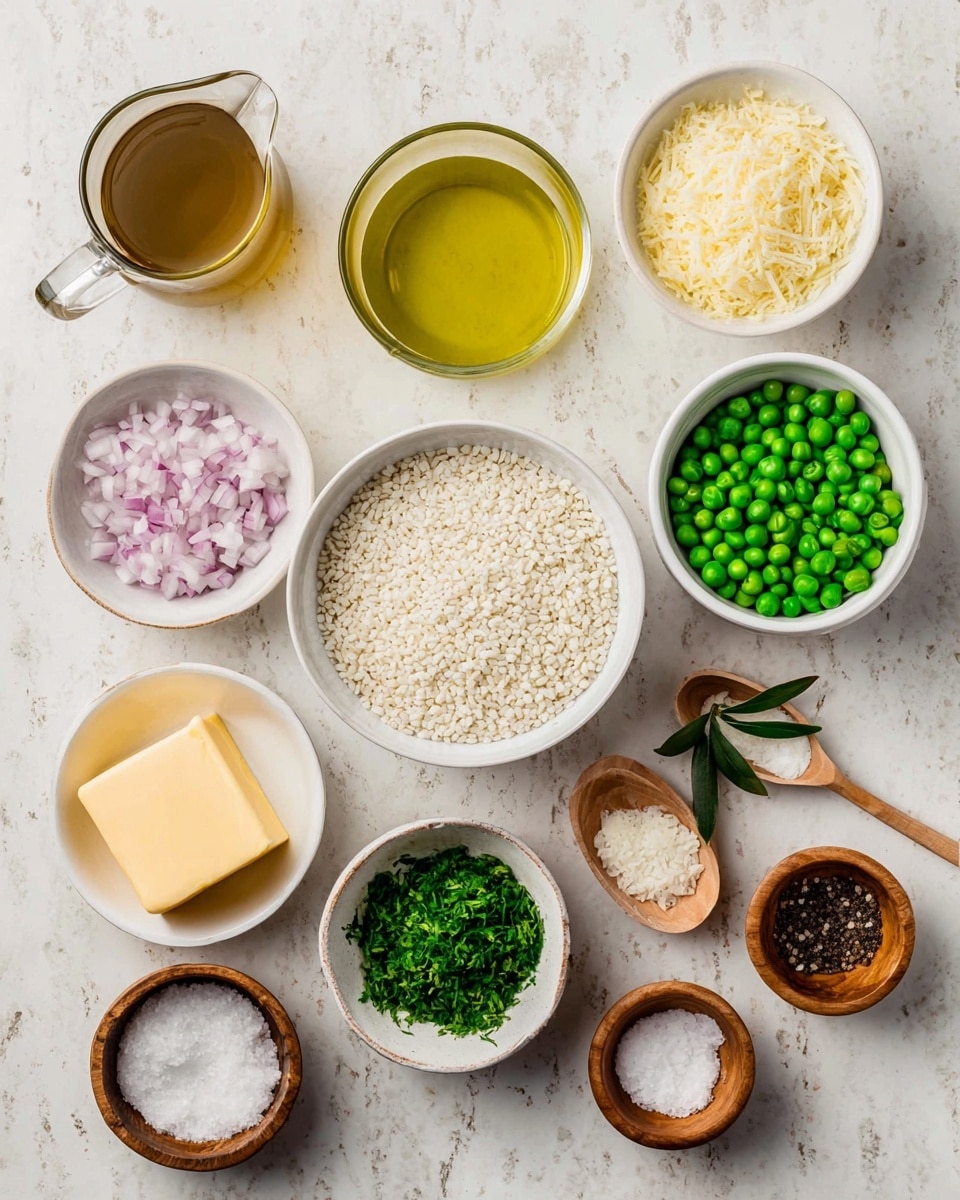 The image shows a collection of ingredients neatly arranged on a white marbled surface. There are ten small white bowls and wooden containers placed in a grid-like layout. In the center is a bowl filled with round, white grains of rice, surrounded by a bowl of bright green peas on the right and a bowl of finely chopped green herbs below it. To the left of the rice is a bowl filled with finely chopped light purple shallots, and just below that, a small bowl holding a thick square piece of yellow butter. Above the butter is a bowl with finely grated light yellow cheese. To the top right of the rice, there is a bowl containing yellow olive oil with a green olive branch decoration on it. Next to it, a wooden container holds a white coarse salt with a small wooden spoon, and below that is a similar wooden container with black pepper and another small wooden spoon. On the top left, there is a glass jug filled with light brown broth and a small glass cup with transparent liquid. The arrangement is clean, with good lighting that makes the colors and textures clear and inviting. photo taken with an iphone --ar 4:5 --v 7