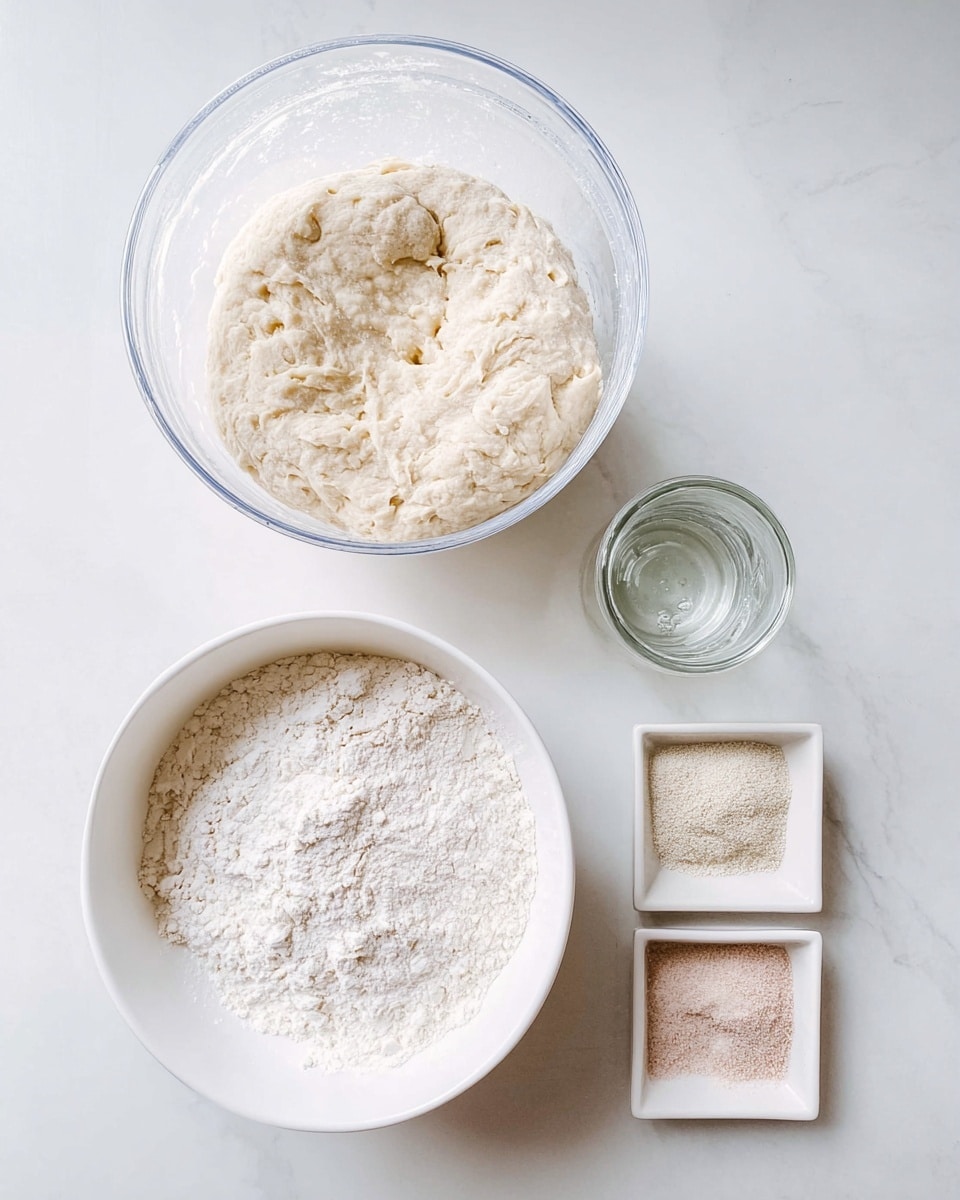 A clear plastic container at the top center holds a bubbly beige dough with a soft, textured surface. Below it, a white bowl filled with light, powdery flour sits on the white marbled surface. To the right, a clear glass jar contains a small amount of liquid, and two small white square dishes hold fine granular powders—one light pink and the other pale brown. The items are neatly arranged on a clean white marbled surface, giving a calm and simple baking setup. photo taken with an iphone --ar 4:5 --v 7