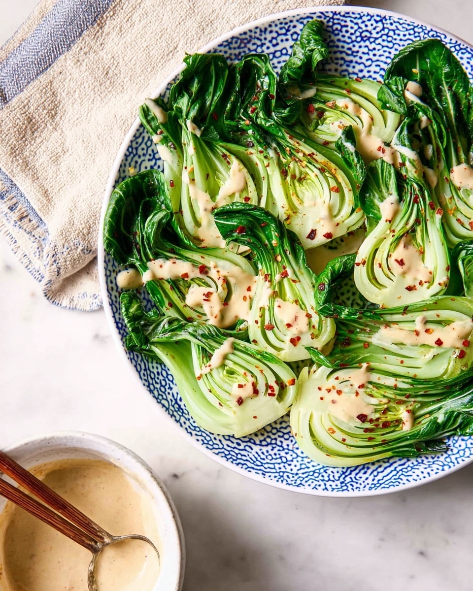 A white plate with a blue patterned edge holds several green bok choy halves arranged in a circular pattern, each showing layers of light green stalks and dark green leaves. The bok choy is topped with a creamy beige sauce that has small red chili flakes sprinkled on it. The plate sits on a white marbled surface with a beige and blue napkin nearby. At the bottom of the frame, a woman's hand is holding a small tool, stirring a matching white bowl filled with the same beige sauce, with wooden chopsticks resting next to it. Photo taken with an iphone --ar 4:5 --v 7