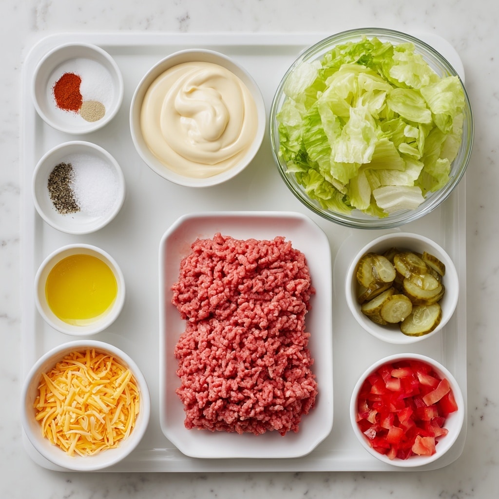 The image shows a white tray in the center with bright red ground hamburger meat. Above the tray is a large clear glass bowl full of fresh green and yellow lettuce leaves. To the left of the meat, there is a white bowl with smooth, creamy pale yellow mayonnaise. Below the mayonnaise, small white bowls hold white salt and black pepper, pale vinegar, and bright red paprika powder. Below the meat tray is a small white bowl with light yellow mustard, next to a bowl filled with finely shredded orange cheddar cheese. To the right of the shredded cheese is a small white bowl with white powdered baking soda. On the far right, two white bowls contain chopped green pickles and bright red chopped tomatoes. Everything is placed on a white marbled texture. photo taken with an iphone --ar 4:5 --v 7