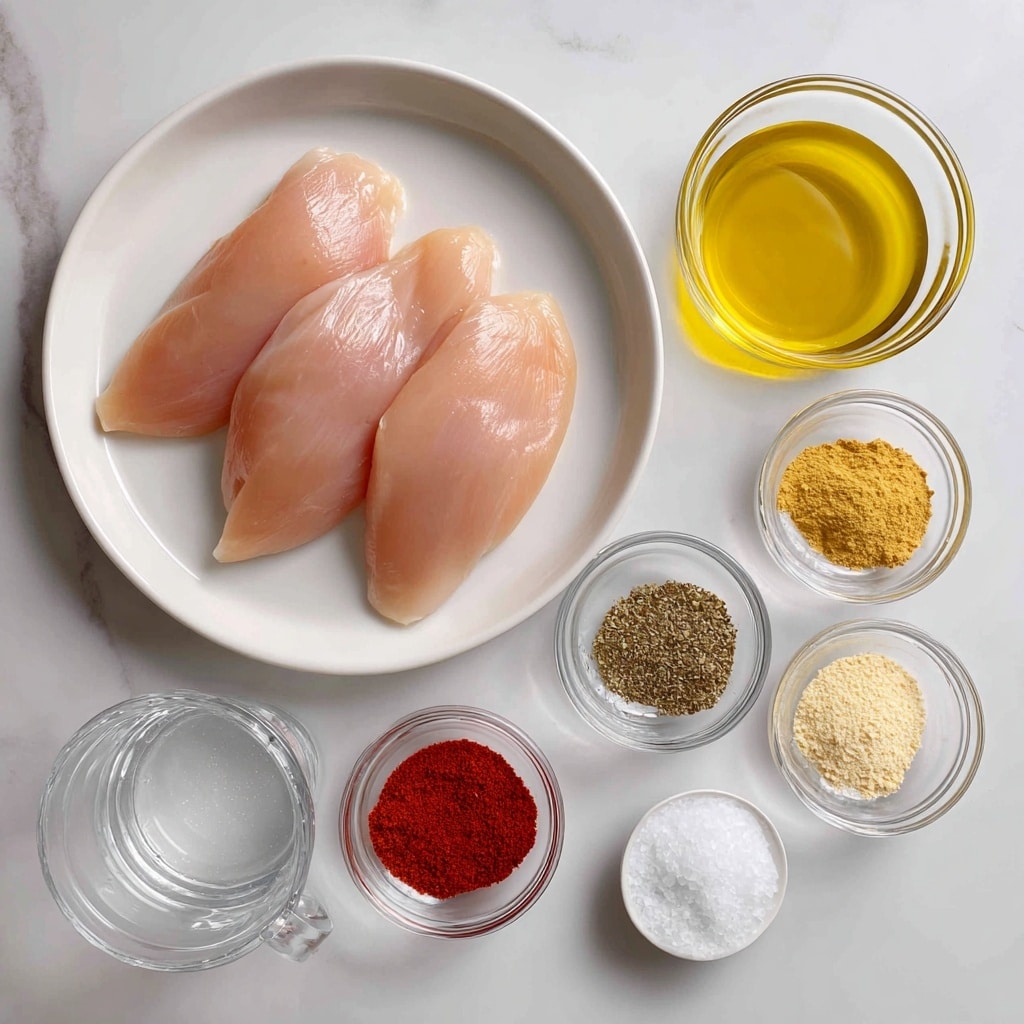 The image shows a white plate at the top left with three raw chicken breasts that are pink and smooth. To the right of the plate, there is a small clear bowl filled with yellow olive oil. Below the olive oil, there are five small clear bowls arranged in a loose cluster: the top one has bright red paprika powder, a bowl to the right has white salt, below the paprika is a bowl with pale yellow garlic powder, next to that is a bowl filled with brownish-green Italian seasoning, and below all is a small bowl holding brown pepper. On the left side near the bottom, there is a clear glass measuring cup filled with water, and above it a very small bowl with white salt. The whole set of ingredients is placed on a white marbled surface. Photo taken with an iphone --ar 4:5 --v 7