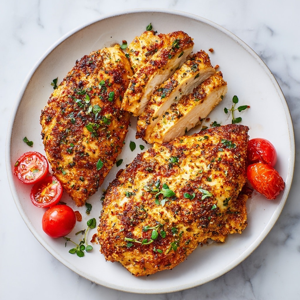 The image shows three pieces of cooked chicken placed on a white plate with a few halved cherry tomatoes on the side. Two large chicken pieces have a golden-brown seasoned crust with visible herbs sprinkled on top, giving a slightly rough texture. One smaller piece of chicken is sliced into thin horizontal strips, showing a juicy inside with similar seasoning and herbs on the surface. Small green herb leaves are scattered over the chicken pieces, adding bright green color contrast. The plate sits on a white marbled surface. photo taken with an iphone --ar 4:5 --v 7