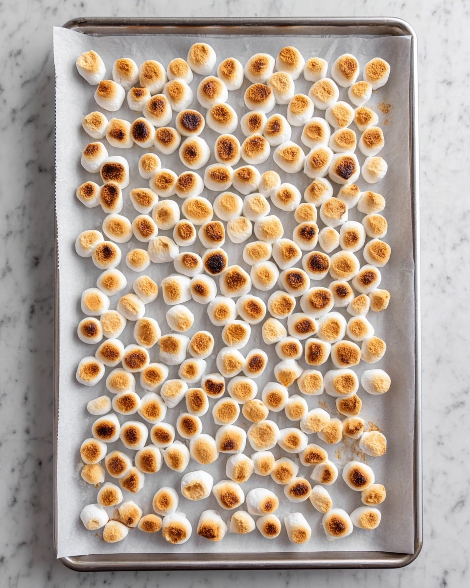 A baking tray lined with white parchment paper holds many small toasted marshmallows, each about the size of a coin. The marshmallows have a white base and a caramelized top that varies in shades from light golden brown to a darker toasted brown with a slightly wrinkled texture. They are spread closely but not touching, covering almost the entire parchment surface. The tray is set on a white marbled surface visible around the edges. photo taken with an iphone --ar 4:5 --v 7