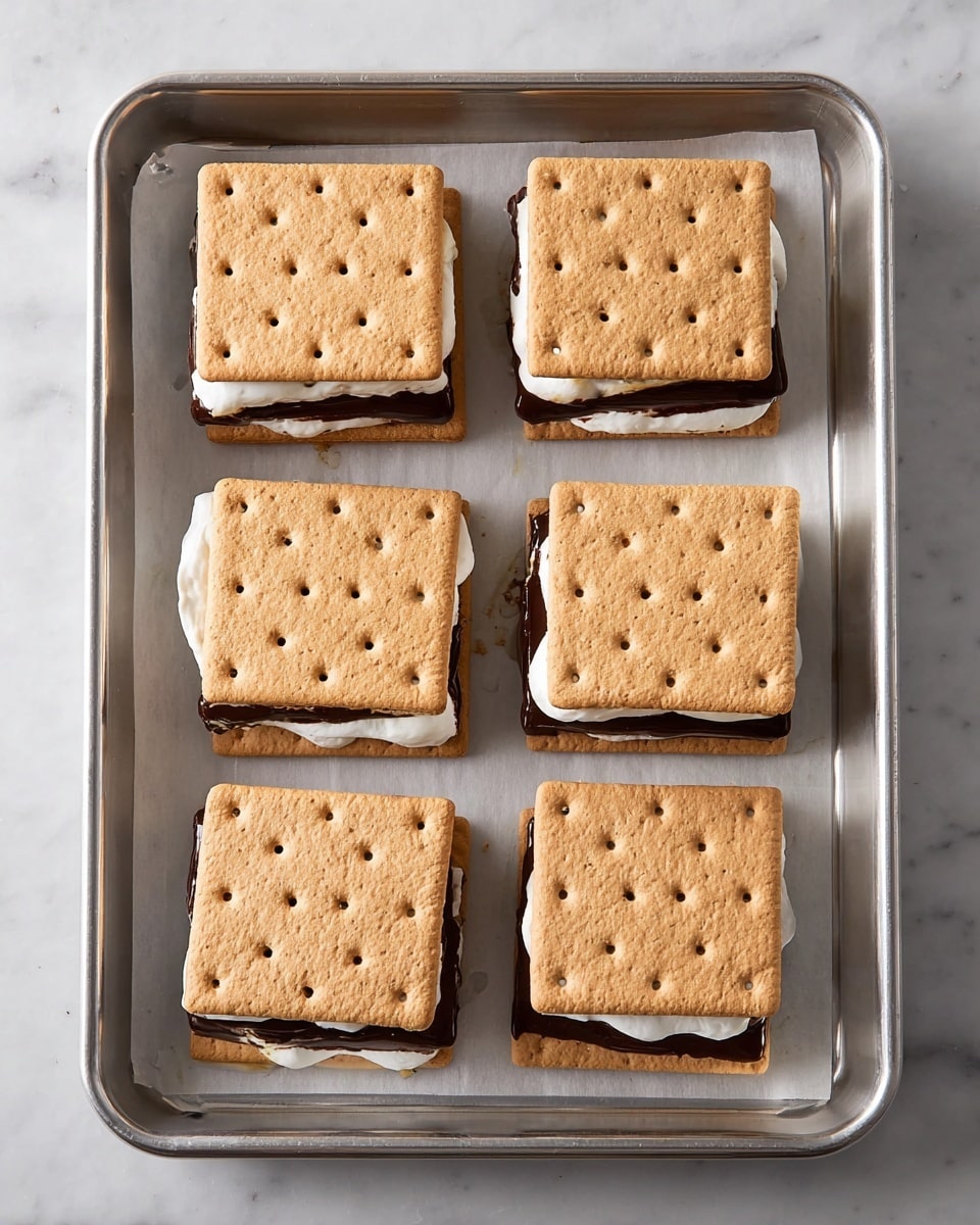 The image shows eight s'mores arranged in two columns on a metal tray lined with parchment paper, placed on a white marbled surface. Each s'more has three visible layers: a top layer of light brown square graham cracker with small evenly spaced holes, a middle layer of white marshmallow that looks soft and slightly melted, and a thin dark brown chocolate layer beneath the marshmallow. The s'mores are neatly spaced and the tray is shown from a top-down view. photo taken with an iphone --ar 4:5 --v 7