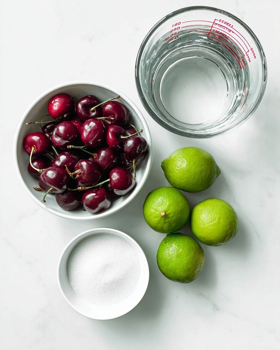 A clear glass cup at the top right holds transparent water, showing subtle reflections and curved measurement lines in red. Below it, to the left, is a white bowl filled with dark red cherries that have greenish-brown stems, creating a rich, deep red color with smooth, shiny textures. Below that on the right is a smaller white bowl filled with fine white granulated sugar that looks soft and powdery. To the right of these bowls, there are four fresh limes with bright green skins that have a slightly bumpy texture. All items rest on a bright white marbled surface, adding a clean and light background. The photo taken with an iphone --ar 4:5 --v 7