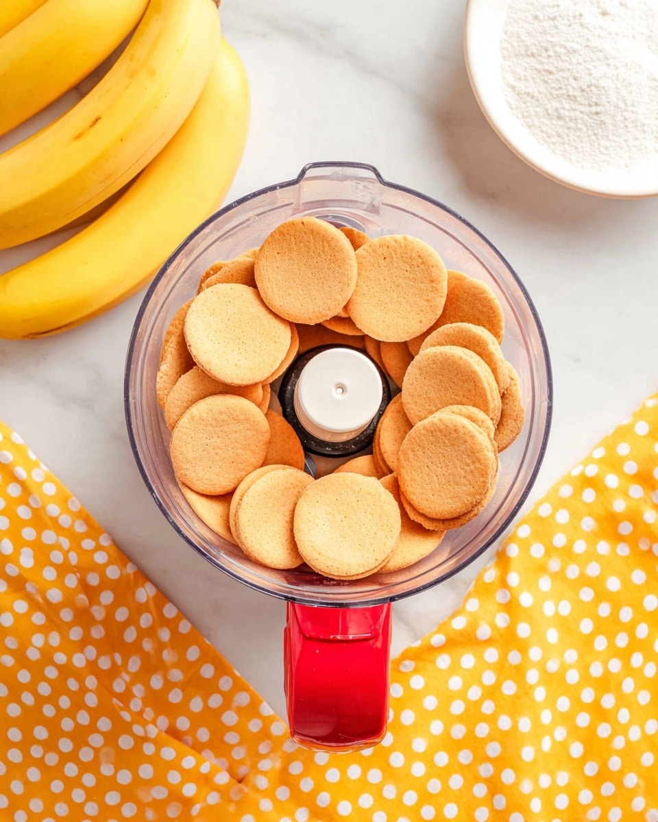 A clear food processor bowl filled with a single layer of light golden brown vanilla wafer cookies, arranged evenly within the bowl's round shape. The food processor has a bright red handle at the bottom center of the image. The background shows a white marbled surface with two ripe yellow bananas on the upper right side and a white bowl with white sugar on the top center. A bright yellow cloth with orange polka dots is spread below the food processor, creating a vivid contrast. Photo taken with an iphone --ar 4:5 --v 7