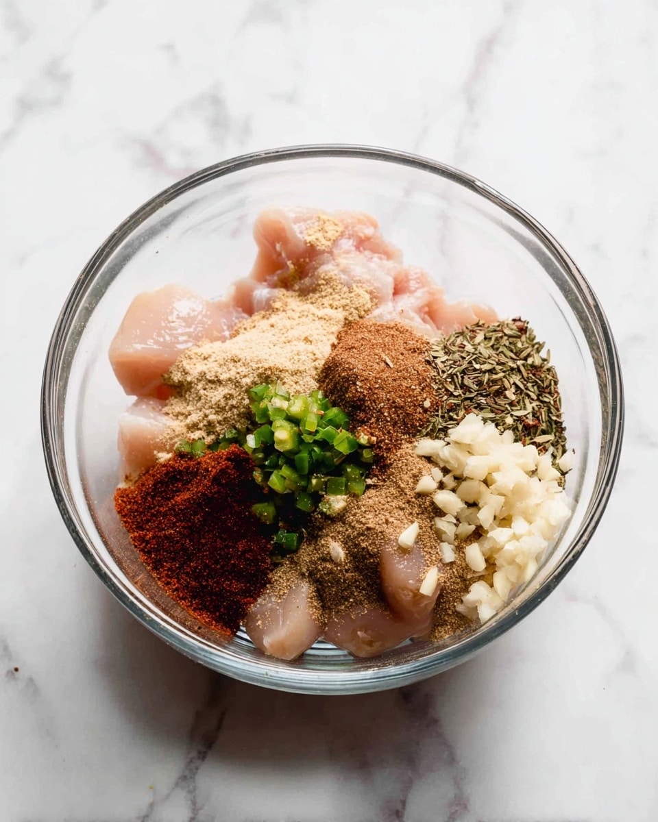 A clear glass bowl sits on a white marbled surface, filled with raw light pink chicken pieces as the base layer. On top of the chicken, there are five piles of different seasonings: a brownish-red powder at the bottom, a dark brown powder on the right, light beige chopped garlic at the top, finely chopped green jalapeños and seeds in the middle, and a pile of brown spices on the left. The seasonings are spread separately and clearly visible over the chicken pieces. Photo taken with an iphone --ar 4:5 --v 7