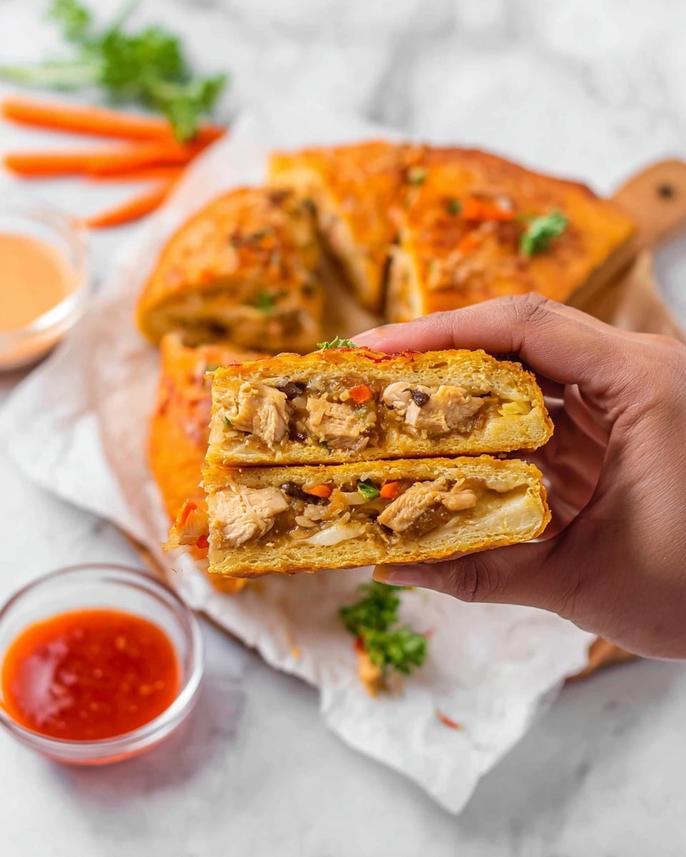 A woman's hand is holding a slice of stuffed bread with three visible layers: a soft, golden-orange crust on top, a thick middle layer filled with pieces of cooked chicken and vegetables in a light brown sauce, and a slightly spongy bottom crust. Behind the hand, the rest of the round stuffed bread is cut into several slices and set on white parchment paper over a white marbled surface, with a small bunch of green garnish on the side. There are also thin carrot sticks and two small clear glass bowls of dipping sauces, one light orange and one red, placed around the bread. Photo taken with an iphone --ar 4:5 --v 7