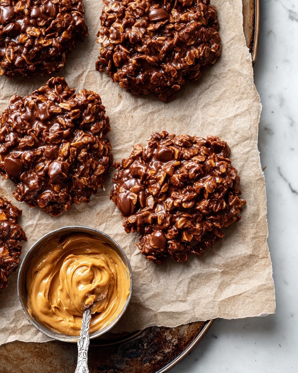The image shows a close-up of thick, dark brown, chewy no-bake cookies made with oats, forming rough textured, irregular round shapes with glossy spots from the chocolate mixture. The cookies are sitting on parchment paper with a rustic metal edge visible. On the lower left, a silver spoon filled with creamy light brown peanut butter rests on the parchment. The overall scene is set on a white marbled surface. photo taken with an iphone --ar 4:5 --v 7