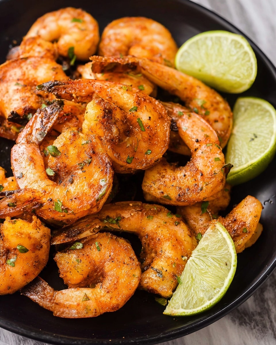A black plate holds a close-up of cooked shrimp with an orange-pink color, coated in spices with some green herb bits scattered on top, arranged around two lime wedges placed on the middle and right side; the shrimp shells are slightly shiny, showing a textured and seasoned surface, all shown on a white marbled background. photo taken with an iphone --ar 4:5 --v 7