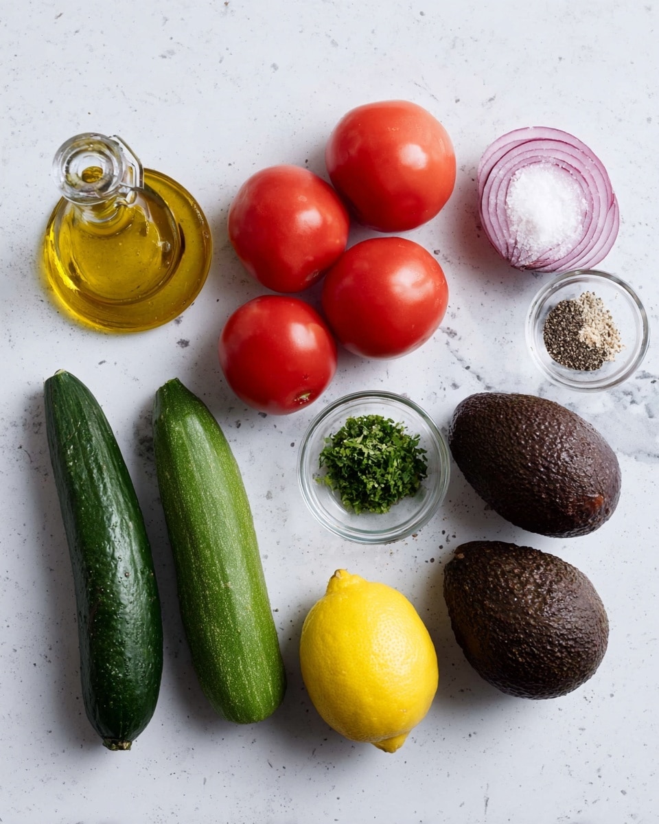 The image shows fresh ingredients neatly arranged on a white marbled surface. From left to right, there is a small glass bottle filled with golden olive oil, followed by four vibrant red tomatoes placed in a loose group. Near the tomatoes, there is a small clear glass bowl containing a mix of coarse salt and black pepper, and another small glass bowl filled with finely chopped green herbs. A whole red onion sits near the center. Towards the right side, a bright yellow lemon, two dark brown avocados with textured skin, and a long, smooth, dark green cucumber are lined up in a row. The scene is bright and clean, highlighting the fresh, natural colors and textures of each ingredient. photo taken with an iphone --ar 4:5 --v 7