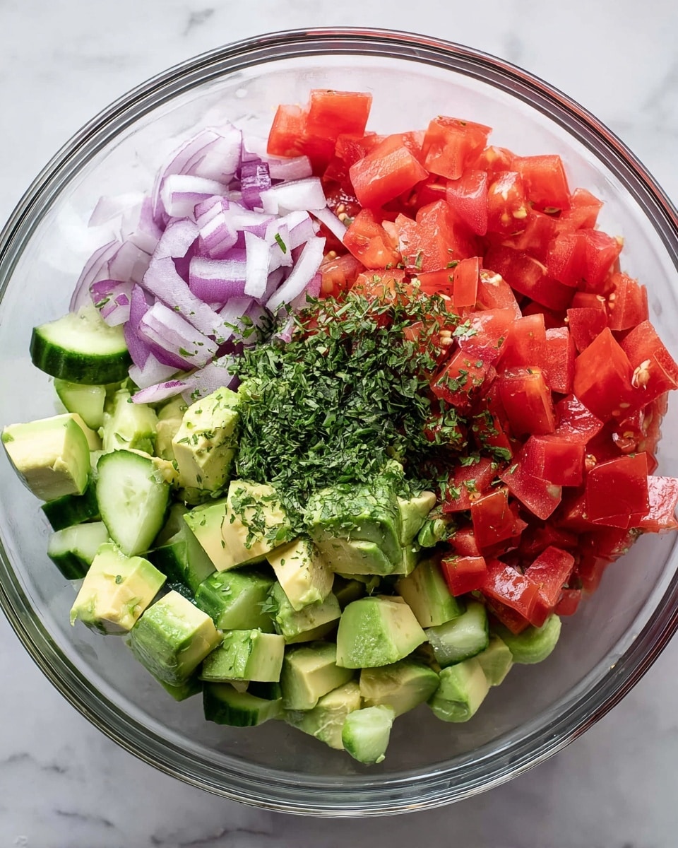 A clear glass bowl holds four main layers of chopped vegetables arranged side by side: bright red diced tomatoes on the right, light green cubed avocados below the tomatoes with a sprinkle of finely chopped dark green herbs on top, medium green chopped cucumbers at the bottom left, and thin slices of purple onions in the top left. The bowl is placed on a white marbled surface, and the colors of the fresh vegetables contrast clearly against the bowl. photo taken with an iphone --ar 4:5 --v 7
