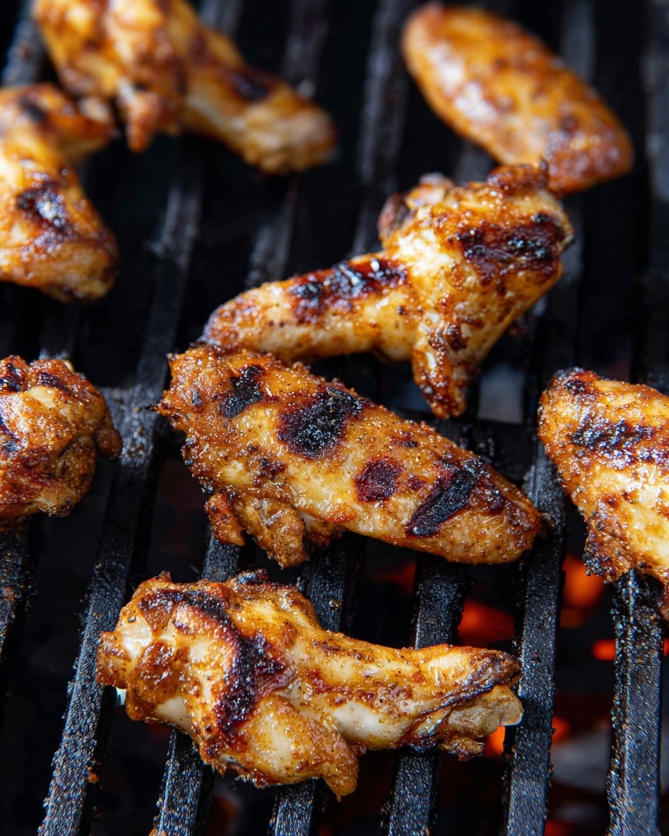The image shows several pieces of grilled chicken wings on a black grill grate with visible flames below. Each wing has a golden brown color with charred grill marks, giving a slightly crispy texture. The wings are spaced out and have a slight sheen from cooked juices and seasoning, showing variations of light and dark brown tones from the cooking process. The grill grates underneath are black and have some oily shine from the cooking. The setting is focused closely on the wings without any background distractions, with a white marbled texture surface implied. Photo taken with an iphone --ar 4:5 --v 7