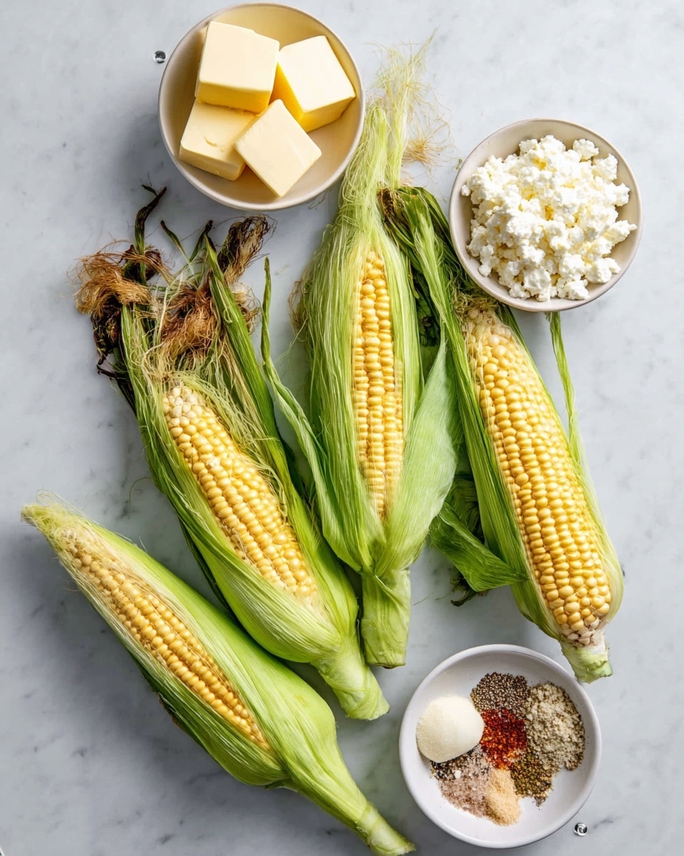 The image shows four ears of fresh corn with green husks, some partly peeled back to reveal bright yellow kernels, placed on a white marbled surface. Above the corn, on the left, a small white bowl holds four cubes of pale yellow butter with smooth edges. On the right, another small white bowl contains crumbled white goat cheese with a fluffy texture. Near the bottom right corner, a round white bowl with a few red areas inside is filled with an assortment of garlic and spices, including finely chopped white garlic pieces, coarse black pepper, salt, and various brown and beige ground spices. The arrangement is clean and bright with natural lighting, photo taken with an iphone --ar 4:5 --v 7