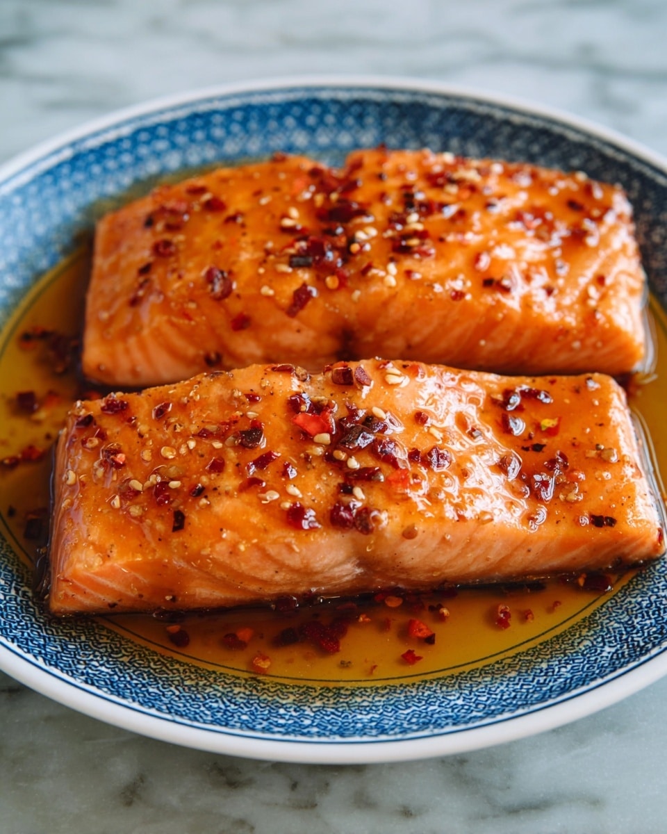 Two square salmon fillets with an orange-pink color sit side by side, glazed with a shiny sauce that has small red chili flakes and black pepper specks on top. The texture of the salmon shows fine lines and slight grill marks. The fillets rest on a round white plate with a blue patterned rim. The plate is on a white marbled surface. The sauce pools around the base of the salmon, reflecting light softly. photo taken with an iphone --ar 4:5 --v 7