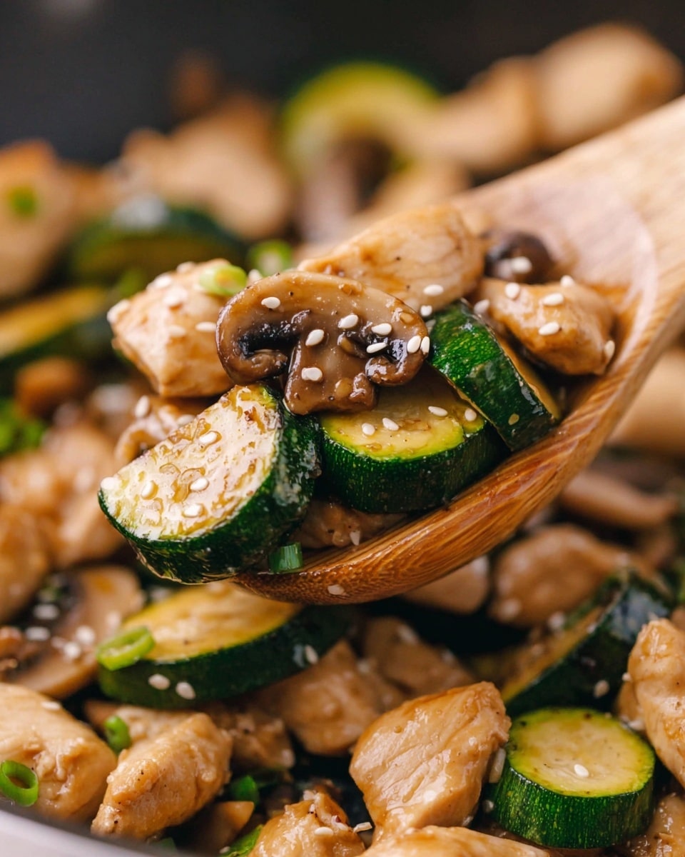 A wooden spoon holds a close-up scoop of cooked chicken pieces that are light golden brown and smooth, sliced green zucchini rounds with visible soft, shiny seeds, and tender brown mushroom slices with a slightly rough texture; the ingredients are sprinkled with small, light tan sesame seeds and tiny green onion bits. The background shows more of the same mixture with a soft focus on a white marbled surface. photo taken with an iphone --ar 4:5 --v 7
