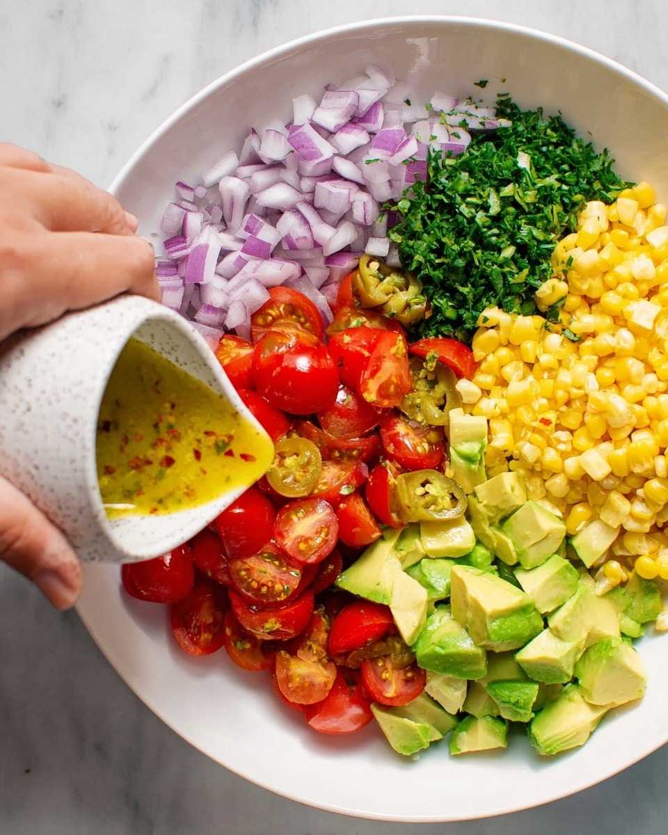 A white bowl holds six distinct layers of fresh ingredients. Starting from the top left going clockwise: finely chopped purple onions, a pile of dark green chopped herbs, juicy red halved cherry tomatoes, bright yellow sweet corn kernels, large light green avocado chunks, and diced light green jalapeno peppers. A woman's hand pours a yellow dressing with red flecks over the tomato section from a white speckled small pitcher. The bowl sits on a white marbled surface. Photo taken with an iphone --ar 4:5 --v 7