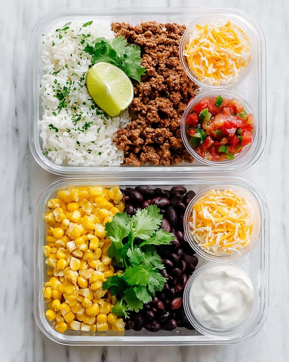 The image shows two clear meal prep containers placed on a white marbled surface. Each container is divided into two main sections: the larger section is neatly arranged with three horizontal layers from left to right – white rice sprinkled with herbs, a middle layer of cooked ground meat with a brown color and crumbly texture, and black beans on the right. Next to the black beans is a layer of bright yellow grilled corn, slightly charred. A wedge of green lime and fresh green cilantro leaves are placed over the rice. The smaller section holds three small transparent plastic cups stacked vertically; the top cup contains white sour cream, the middle cup has shredded orange cheese, and the bottom cup holds fresh red and green salsa. The photo taken with an iphone --ar 4:5 --v 7
