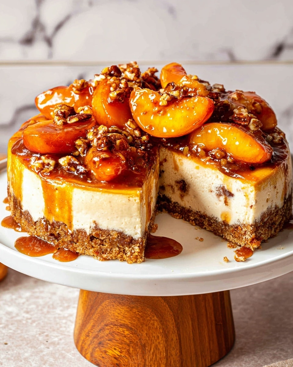 This image shows a round cheesecake with three visible layers on a white plate. The bottom layer is a crumbly, golden-brown crust. The middle layer is thick, creamy, and beige with small dark specks inside. The top layer is a rough, crumbly brown topping. On top of the cake, there are large, glossy orange peach slices covered in a shiny, brown sauce with chopped nuts sprinkled over them. Some sauce has dripped down the sides and onto the plate. The background has a white marbled texture and the cake is on a wooden pedestal stand. Photo taken with an iphone --ar 4:5 --v 7