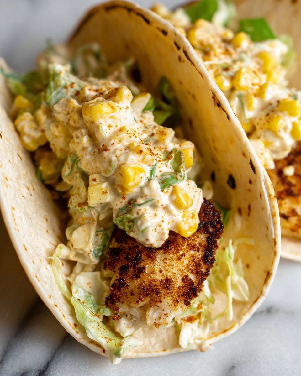 Two soft, light beige tortillas curved to hold the fillings rest on a white marbled surface. Each tortilla has a bottom layer of golden brown crispy cooked fish with dark seasoning spots. On top is a thick layer of creamy, pale yellow-white mixture with small bright yellow corn kernels and bits of green leafy vegetables mixed in, giving a fresh texture contrast. The creamy layer looks smooth and slightly chunky. The focus is close-up, showing the textures clearly. photo taken with an iphone --ar 4:5 --v 7