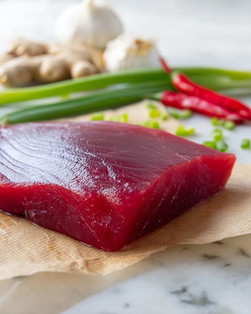 A thick, raw piece of deep red tuna fish lies on a sheet of light brown paper with fine texture, placed on a white marbled surface. In the background, there are some fresh green onions, a bulb of garlic, a piece of light brown ginger root, and a few bright red chili peppers, all slightly out of focus. The tuna's shiny, smooth surface reflects light, showing its fresh and moist texture. Photo taken with an iphone --ar 4:5 --v 7