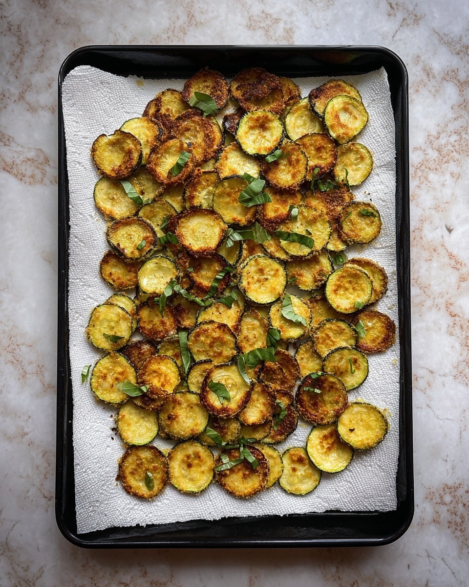 A black rectangular baking tray lined with white paper towels holds many small, thin, golden-brown fried slices of zucchini spread evenly across the tray. The zucchini slices have a mix of light yellow and brown crispy edges, showing varied textures. Small green basil leaves are scattered randomly on top. The tray is placed on a white marbled textured surface. photo taken with an iphone --ar 4:5 --v 7