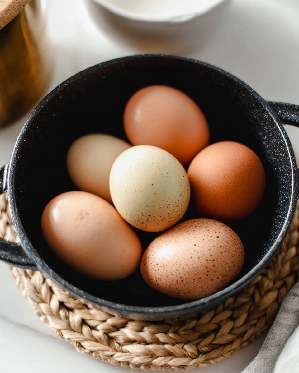 A black pot filled with six whole brown eggs of different shades and small speckles, arranged closely together inside the pot. The pot sits on a woven round mat, all placed on a white marbled surface. Part of a white bowl and a wooden and gold container are seen softly blurred in the background. Photo taken with an iphone --ar 4:5 --v 7