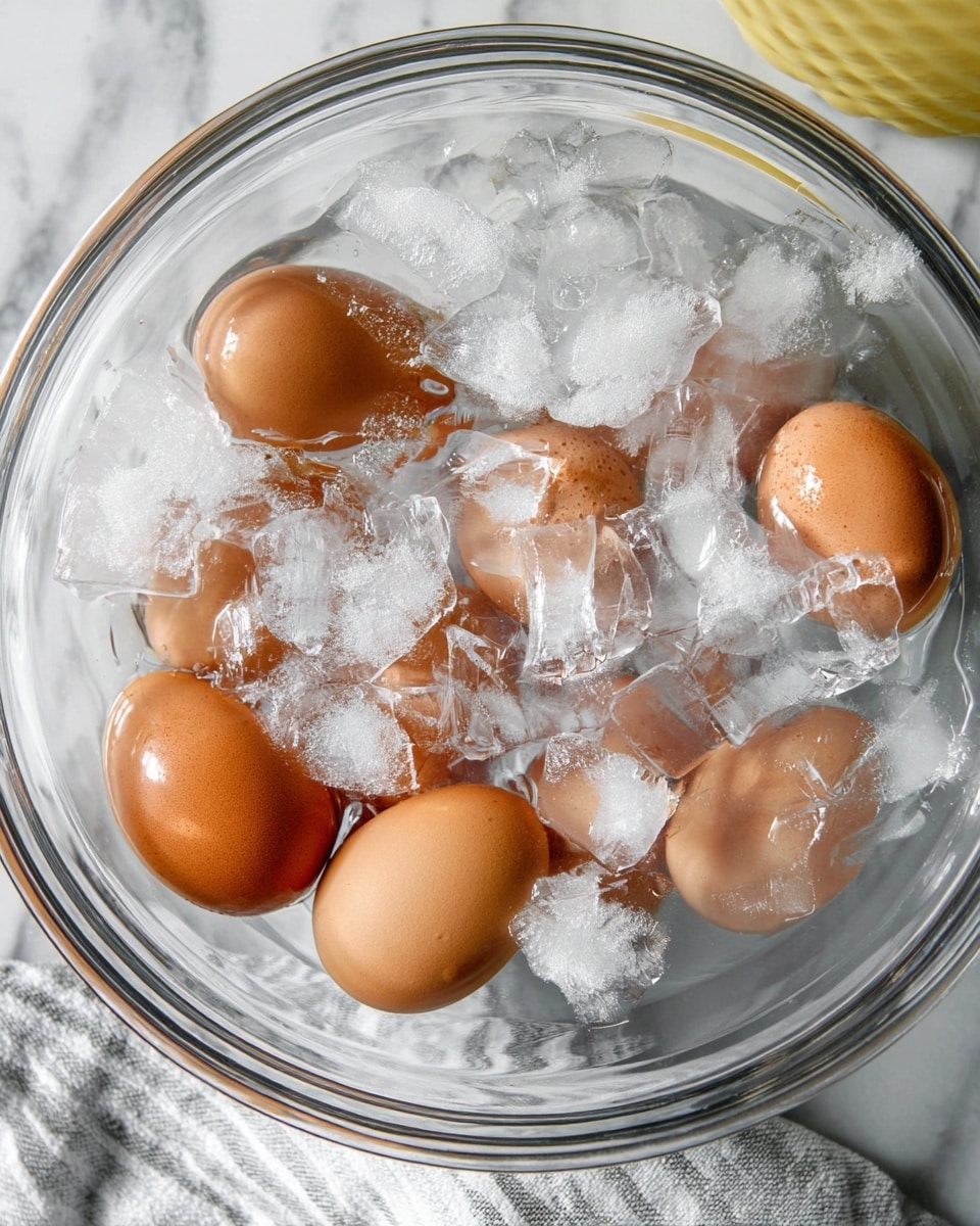 A clear glass bowl is filled with six brown eggs partially covered by many pieces of ice cubes, some still clear and others frosty white, floating on water. The bowl is placed on a white marbled surface with a light grey and white striped cloth partially visible at the bottom left. In the top right, there is a hint of a mustard yellow container. The image is bright and clean, focused closely on the ice and eggs inside the transparent bowl, showing textures of smooth eggshells, rough ice, and watery reflections. photo taken with an iphone --ar 4:5 --v 7
