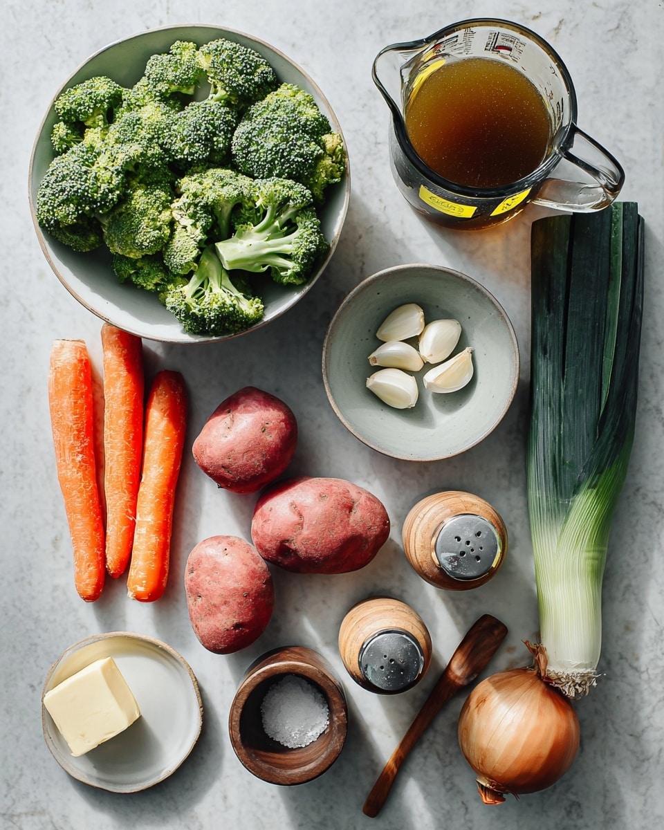The image shows several fresh ingredients placed on a white marbled surface, arranged neatly. On the left, there is a white bowl filled with bright green broccoli florets, next to two orange carrots, and three red potatoes below them. A small light grey bowl holds three cloves of garlic, beside it is a dark green leek lying flat. To the right, there is a transparent glass jug filled with brown liquid, underneath a bottle with a black top and yellow label. Alongside are two wooden containers, one with white salt and a small wooden spoon inside, and the other a pepper grinder. At the bottom left, a small light grey dish has a square block of butter. A whole onion with dry skin rests near the bottom right corner. The lighting is bright and natural, emphasizing the fresh textures of the vegetables and ingredients, photo taken with an iphone --ar 4:5 --v 7