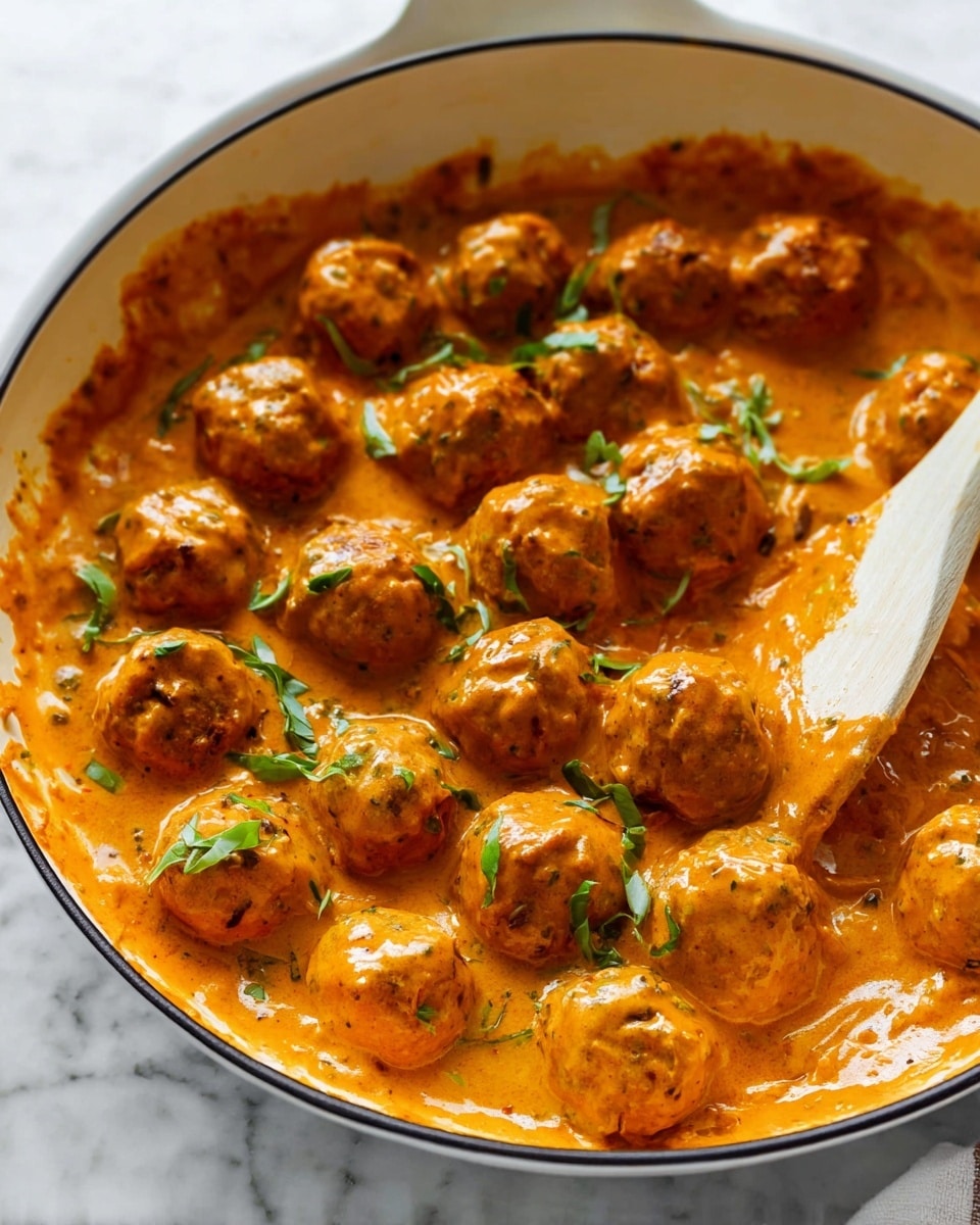 A close-up view of a white edged pan filled with round, orange meatballs covered in a thick, creamy orange sauce with a smooth, slightly chunky texture; small green herb leaves are sprinkled on top of the meatballs and sauce, adding a bright contrast; a beige spatula coated with sauce rests on the right side inside the pan; the pan sits on a white marbled surface photo taken with an iphone --ar 4:5 --v 7