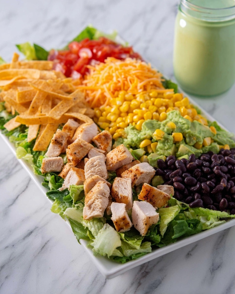 A rectangular white plate holds a colorful layered salad arranged in neat rows from front to back. The first layer is pieces of cooked chicken with a light brown color on a bed of green lettuce leaves. Behind it, there is a row of dark black beans. Next is a row of thin, crispy tortilla strips in a light golden color. Following that is a section of chopped red tomatoes. Then comes a layer of bright yellow corn kernels. At the back of the plate, there is a mix of green avocado chunks, shredded orange cheddar cheese, and more green lettuce. In the background, there is a light green drink in a glass jar on a white marbled surface. Photo taken with an iphone --ar 4:5 --v 7