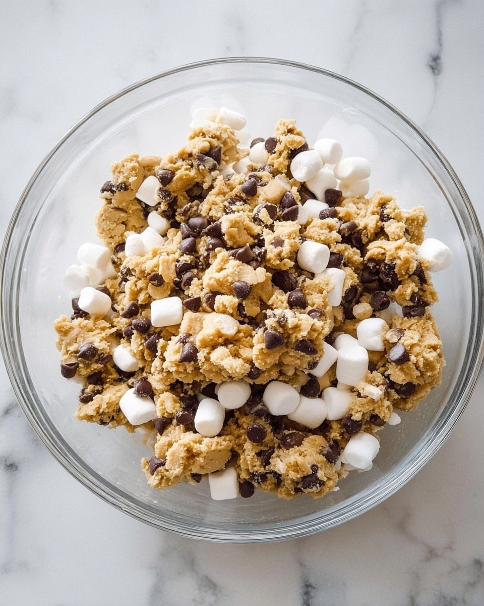 A clear glass bowl filled with small, uneven clusters of light brown dough mixed with dark brown chocolate chips and white mini marshmallows scattered throughout. The dough pieces have a crumbly texture with visible chocolate chips embedded inside. The bowl is placed on a surface with a white marbled texture. photo taken with an iphone --ar 4:5 --v 7