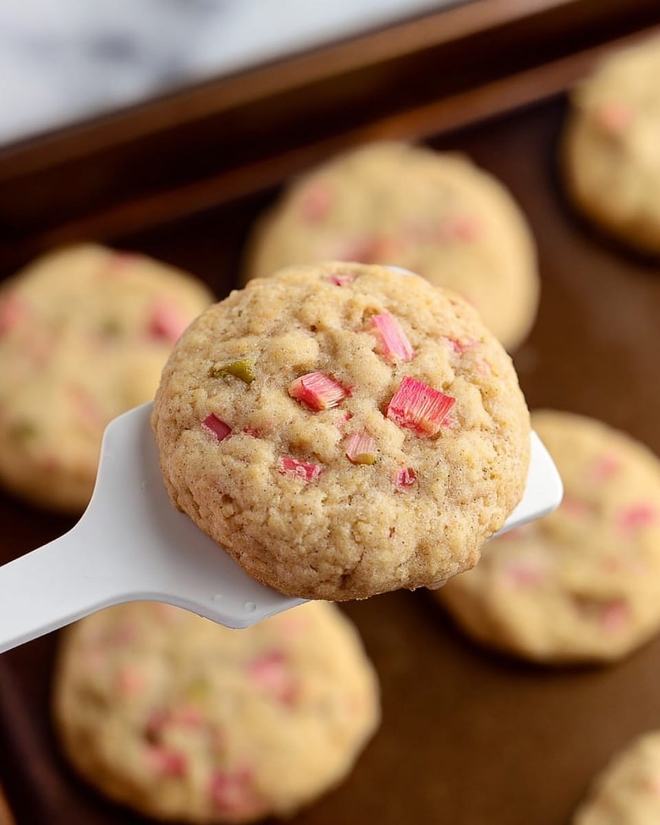 A close-up view of a round cookie held by a white spatula above a baking tray with several similar cookies out of focus in the background. The cookie has a light golden-brown color with a slightly textured surface, dotted with small pieces of pink and light green rhubarb embedded throughout. The baking tray beneath has a dark brown color and a smooth texture. The scene is set on a white marbled surface. photo taken with an iphone --ar 4:5 --v 7