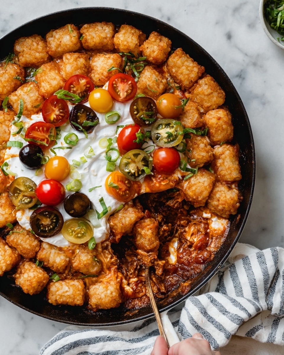 The dish is served in a black skillet placed on a white marbled surface with a striped cloth nearby. It has three layers: the bottom layer is a rich, chunky reddish-brown sauce with visible meat and sauce texture, the middle layer consists of golden, crispy tater tots arranged in a ring around the edge, and the top layer is a generous spread of white sour cream-like dollops garnished with colorful halved cherry tomatoes in red, yellow, and dark green, sliced green onions, and small green herb pieces scattered throughout. A woman's hand is seen partially holding the skillet, revealing a portion where the sauce is scooped out, showing the layers clearly inside the skillet photo taken with an iphone --ar 4:5 --v 7