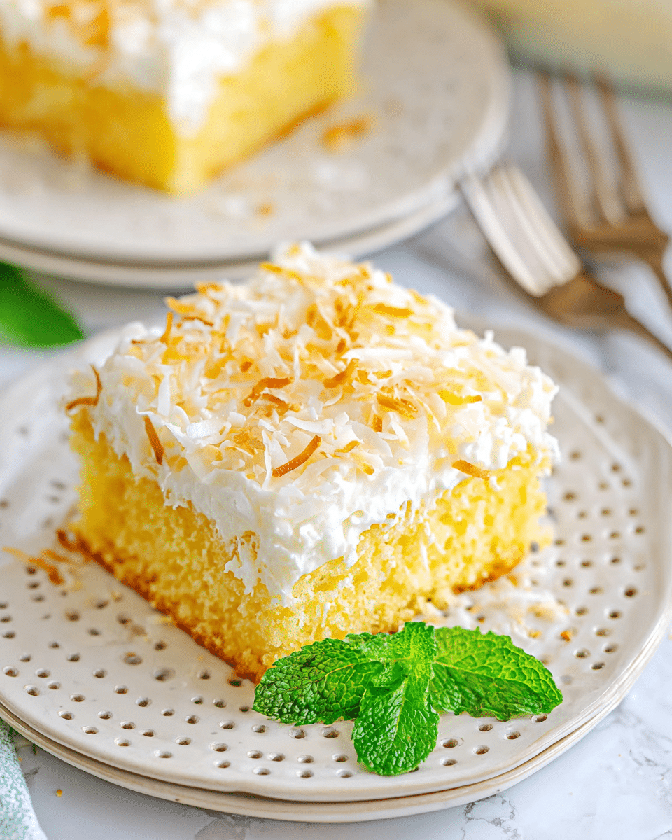 A square piece of yellow cake with a moist texture sits on a white plate with small round cut-out patterns around the edge, topped with a thick layer of creamy white frosting sprinkled with toasted golden shredded coconut. A bright green mint leaf is placed next to the cake on the plate, and blurred in the background, another slice of cake is visible on a similar white plate along with two silver forks on a white marbled surface. Photo taken with an iphone --ar 4:5 --v 7