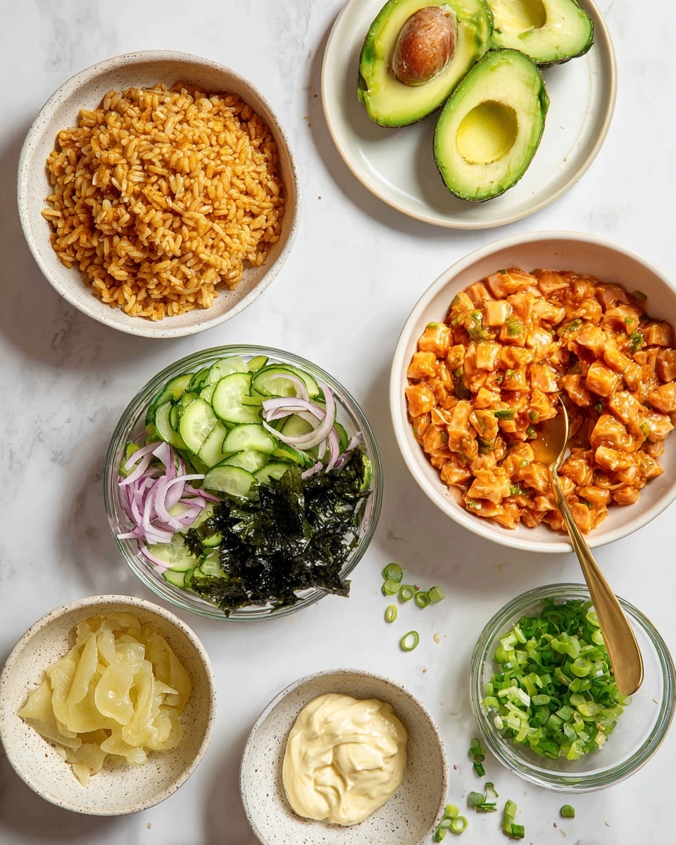 The image shows six white dishes and bowls arranged on a white marbled surface. The largest white bowl on the bottom right is filled with a chunky orange fish mixture with a golden spoon inside. To the left, a white bowl holds golden-brown crispy rice. A round white plate on the upper right displays two avocado halves, one with the seed and one sliced thinly. Below the rice bowl, a small speckled white bowl contains light yellow pickled ginger. Next to it, a glass bowl is filled with a fresh cucumber salad with sliced red onions and dark seaweed. At the bottom right, two smaller speckled bowls show creamy mayonnaise and chopped green onions, with some green onion pieces scattered nearby. Photo taken with an iphone --ar 4:5 --v 7