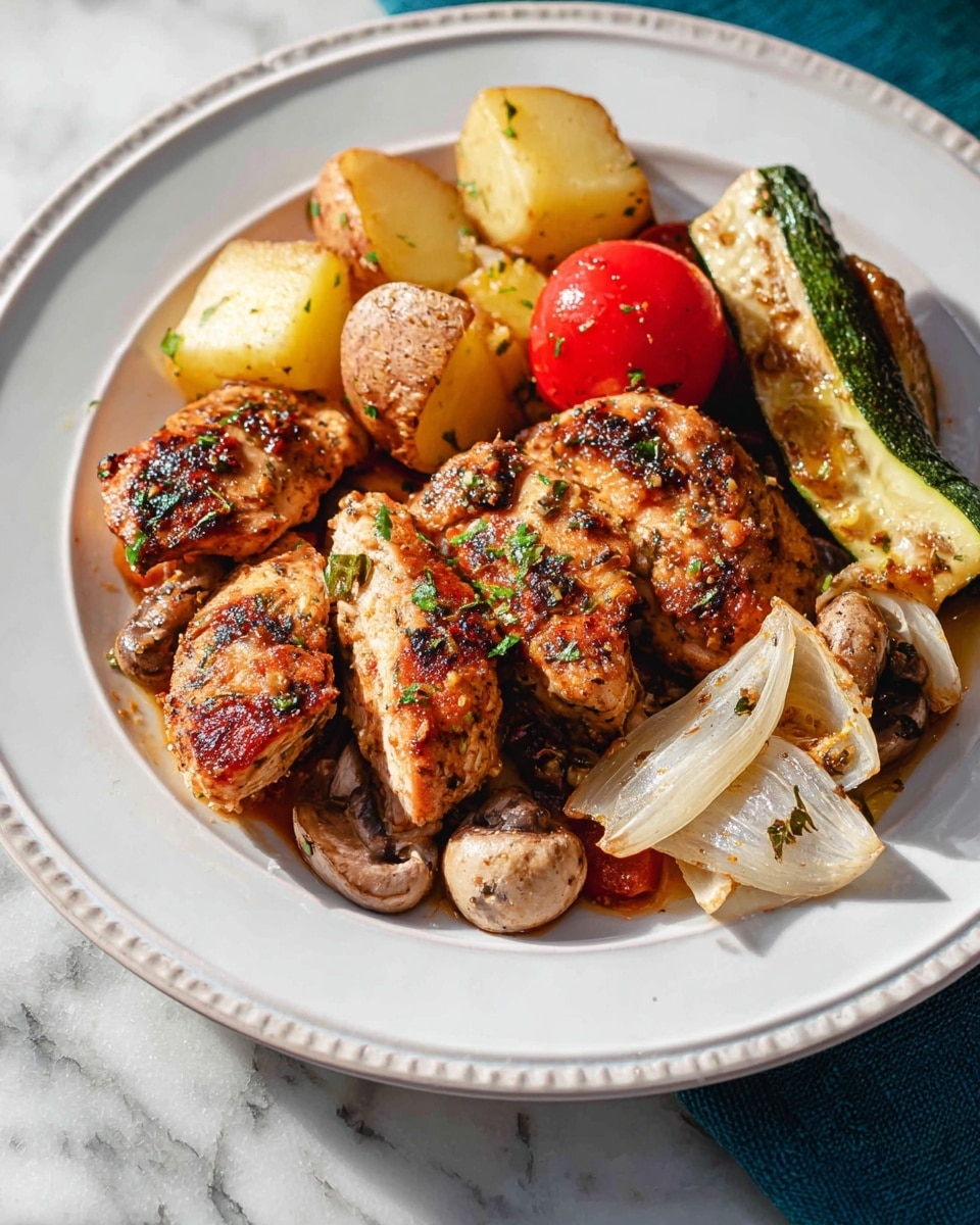A white plate holds three pieces of cooked chicken with a browned, slightly crispy texture and small bits of green herb sprinkled on top. Around the chicken are cut pieces of light brown mushrooms, white onion wedges with some browned edges, a whole small red tomato, light yellow potato chunks, and a small piece of green zucchini with grill marks. The plate has a subtle raised pattern near the edge and sits on a white marbled surface. Photo taken with an iphone --ar 4:5 --v 7