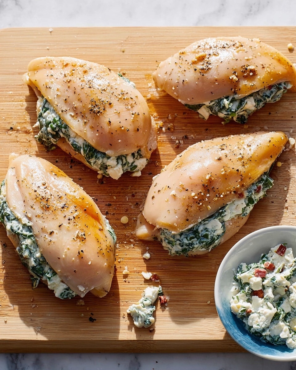 The image shows four raw chicken breasts placed on a light wood cutting board with a white marbled surface underneath. Each chicken breast is split open and filled with a creamy white mixture with visible green spinach pieces and small red bits, slightly overflowing from the center layer. The chicken breasts are lightly seasoned with specks of black pepper sprinkled on top. Small dollops of the white and green filling are scattered around on the cutting board near the chicken. In the bottom right corner of the image, a white bowl with a blue inner surface holds more of the white and green spinach mixture. The lighting is bright and natural, highlighting the fresh and moist texture of the chicken and filling photo taken with an iphone --ar 4:5 --v 7