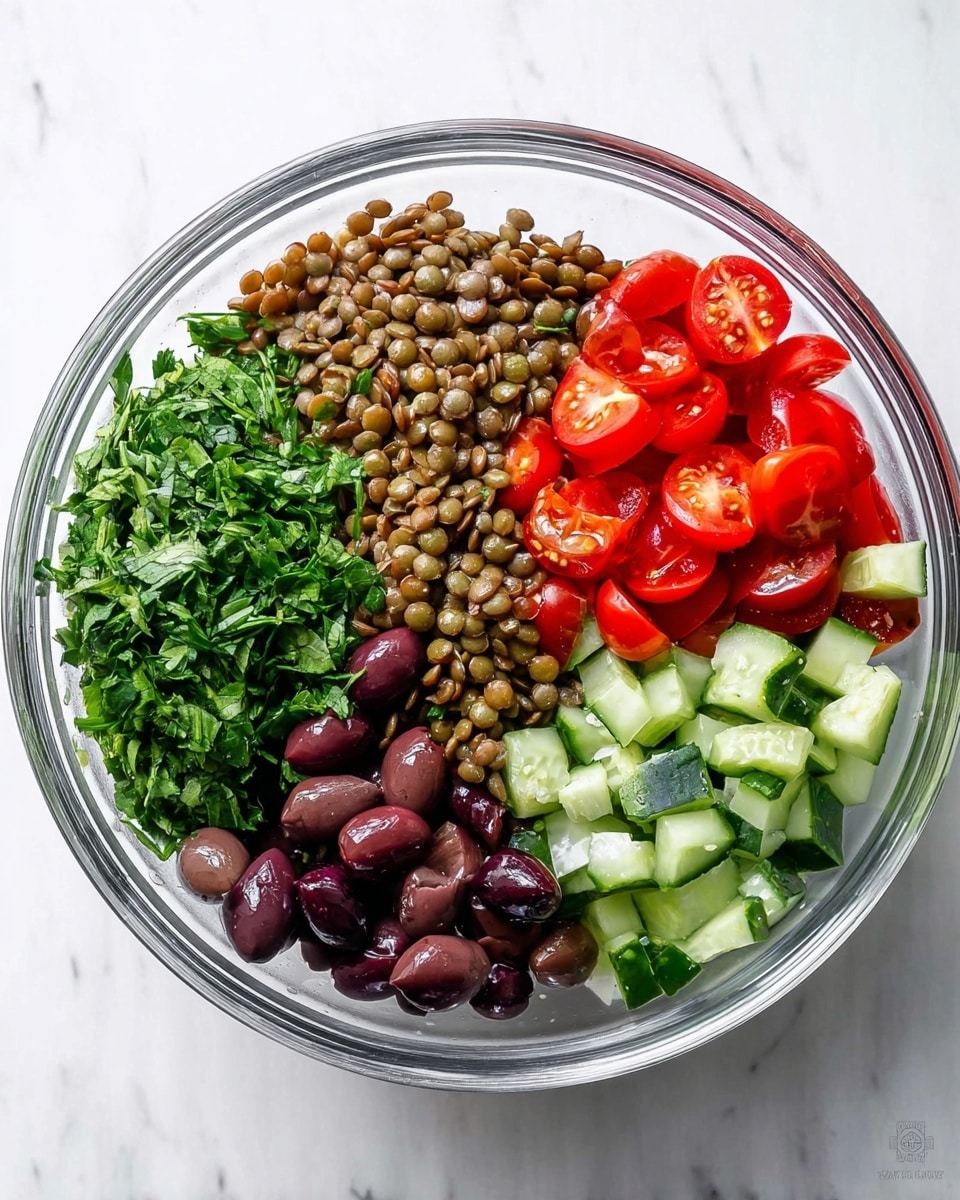 A clear glass bowl on a white marbled surface holds a colorful salad arranged in separate sections. The top part has bright red cherry tomatoes cut in halves, on the right are brown lentils with a soft texture. Below the tomatoes and lentils are fresh green herbs with a leafy texture, and bright green diced cucumbers with a crisp look are on the lower right. On the lower left, there are dark purple olives with a smooth shine. The layers form a vibrant mix of reds, browns, and varying greens, all sitting neatly in their own spaces within the bowl. Photo taken with an iphone --ar 4:5 --v 7