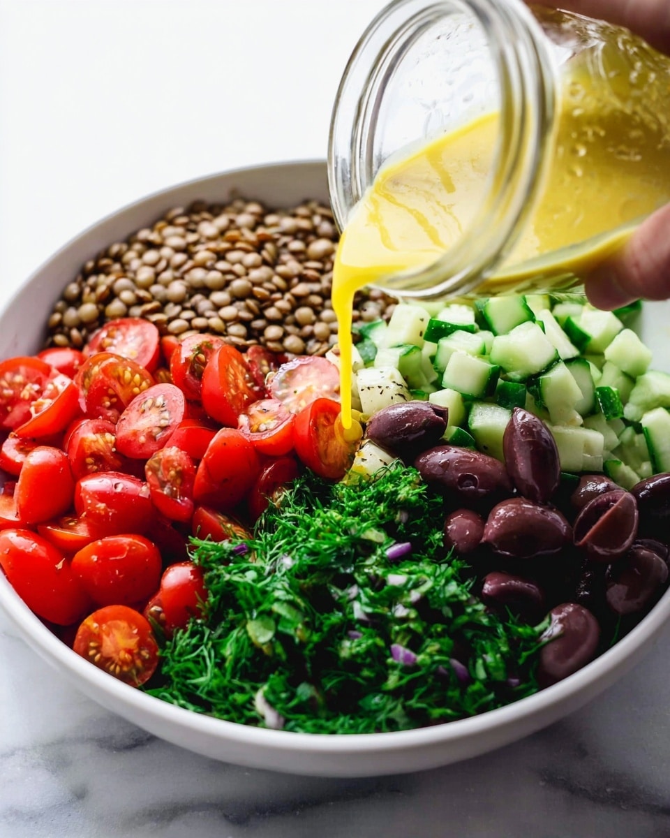 A white bowl filled with several distinct layers of fresh ingredients arranged side by side without mixing: quartered red cherry tomatoes with a shiny and juicy texture in the front left, light brown lentils with a smooth and matte surface directly behind them, chopped bright green cucumbers with a crisp look to the right, dark purple olives with a glossy finish in the front right, and fresh green herbs like parsley and dill with a leafy texture spread between the olives, cucumbers, and lentils. A woman's hand pours a golden yellow dressing from a small clear jar over the top, against a white marbled surface background. photo taken with an iphone --ar 4:5 --v 7