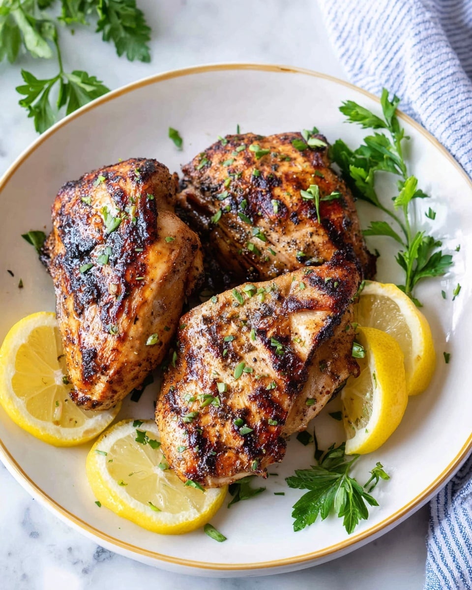 The dish shows a white plate holding two pieces of grilled chicken with a golden brown color and visible grill marks, placed on a bed of green parsley leaves. One chicken piece is whole, and the other is sliced into several even sections, showing moist white inside meat. Two lemon wedges with bright yellow rinds and juicy interiors sit near the top edge of the plate. A silver fork rests on the plate’s rim to the right. The plate is set on a white marbled surface. photo taken with an iphone --ar 4:5 --v 7
